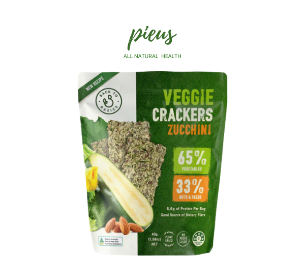 Bí ngòi và hạnh nhân ép giòn | Veggie Crackers Zucchini Almond Back to Basics DJ&A; 45g – Bánh quy thực dưỡng, ăn kiêng, không đường, healthy tốt cho sức khỏe nhập khẩu Úc